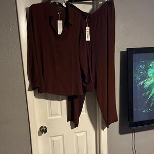 Eileen Fisher silk Dark Brown / burgundy Two-Piece Pantsuit Set